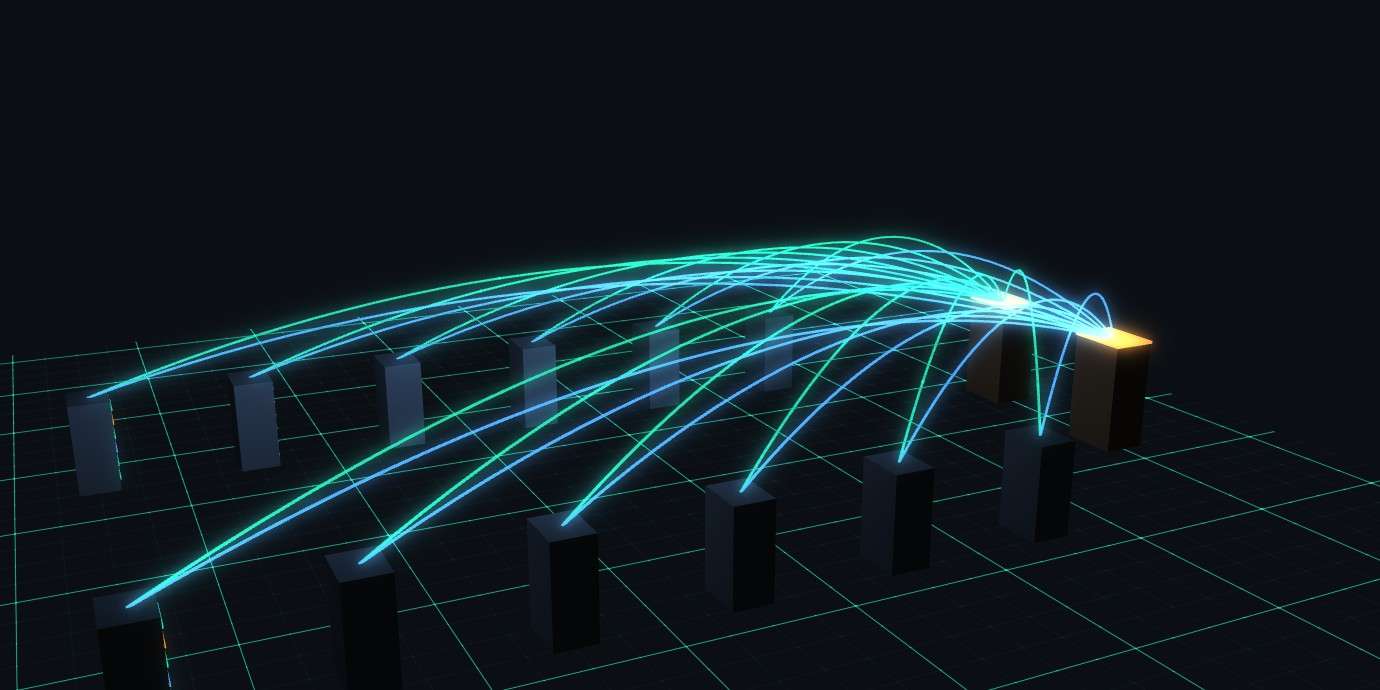 An interactive leaf-spine data center: racks, uplink cables, and animated AllReduce traffic across the fabric.