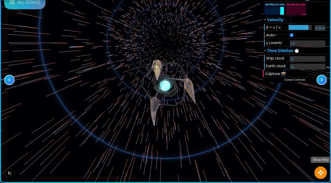 Accelerate toward light speed and watch the starfield warp into streaks, with relativistic Doppler shift, length contraction, and live time dilation.
