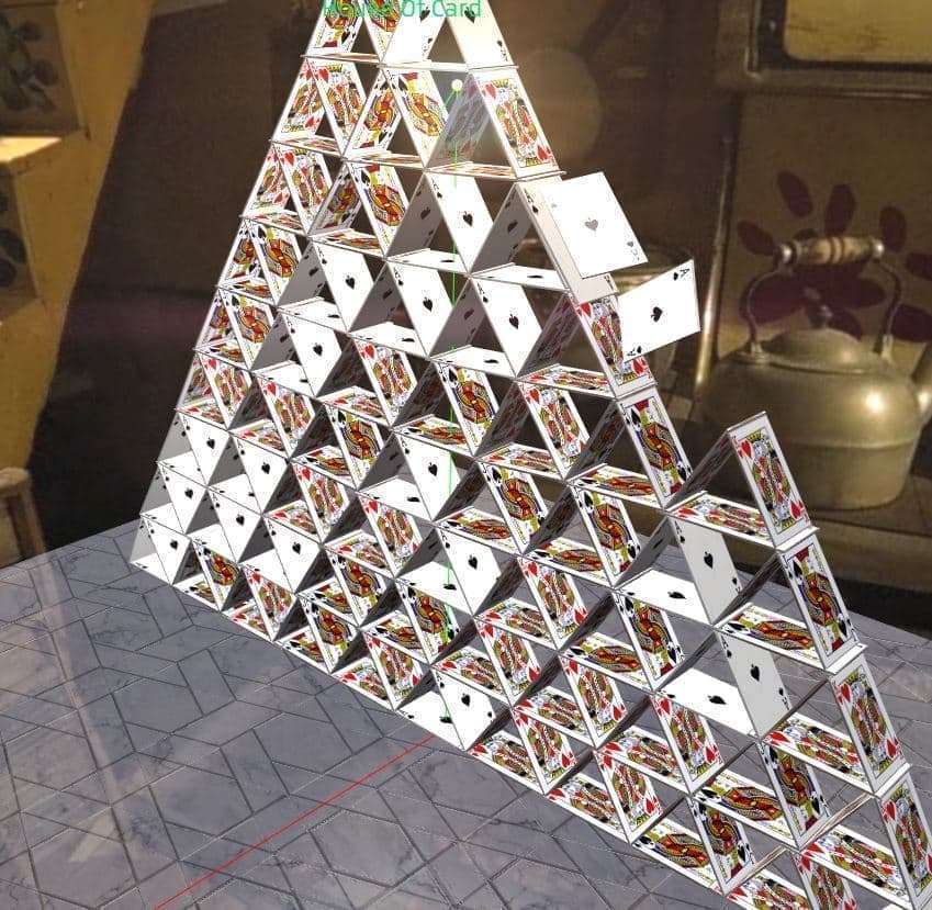 A physics-based simulation demonstrating the collapse of a house of cards in 3D.