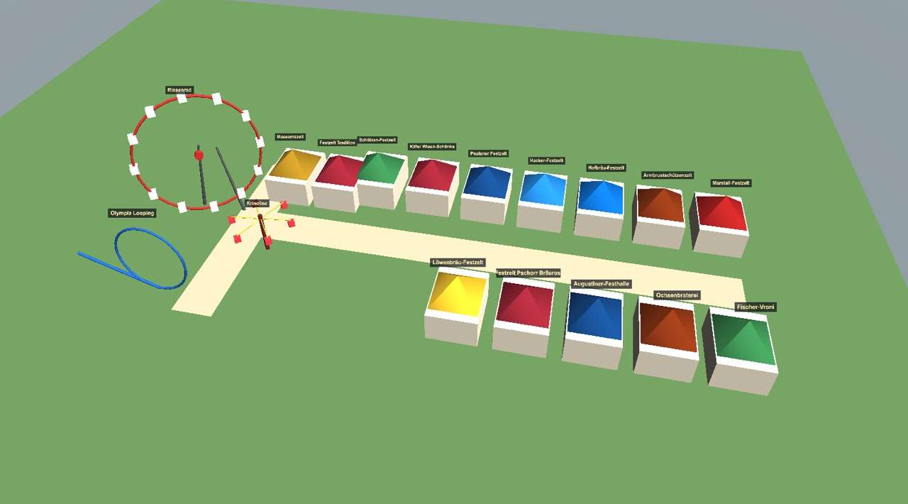 A bird's-eye 3D recreation of the Munich Oktoberfest grounds — the big tents lining Wirtsbudenstraße, the Oide Wiesn cluster, and a turning Riesenrad above the rides.