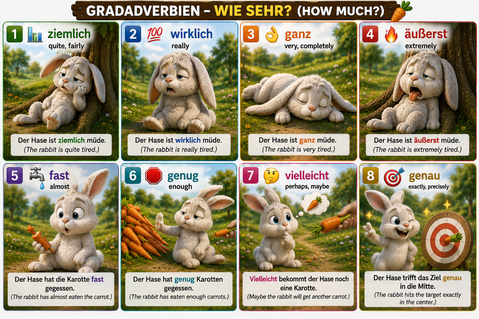 Table of German degree adverbs answering wie sehr (how much)