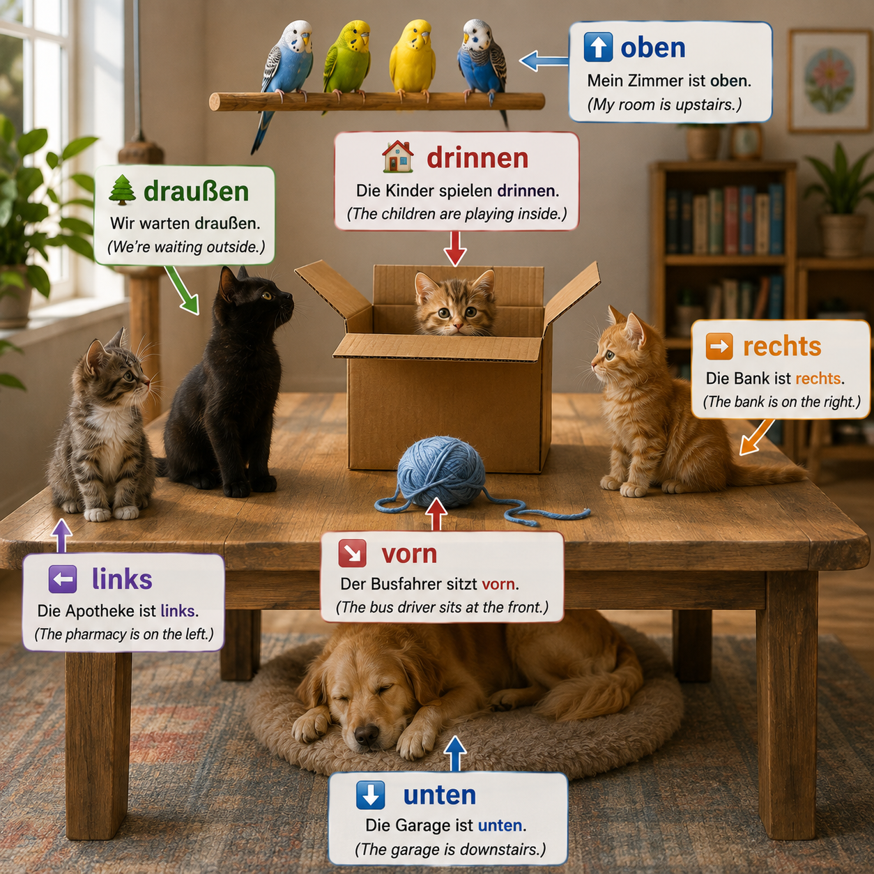 Illustration of German place adverbs answering wo (where)