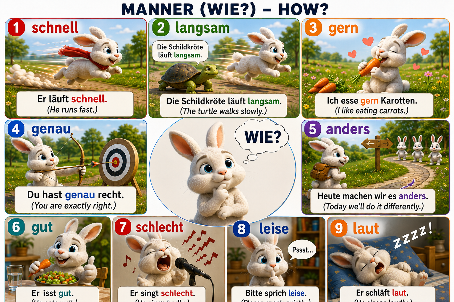 Table of German manner adverbs answering wie (how)