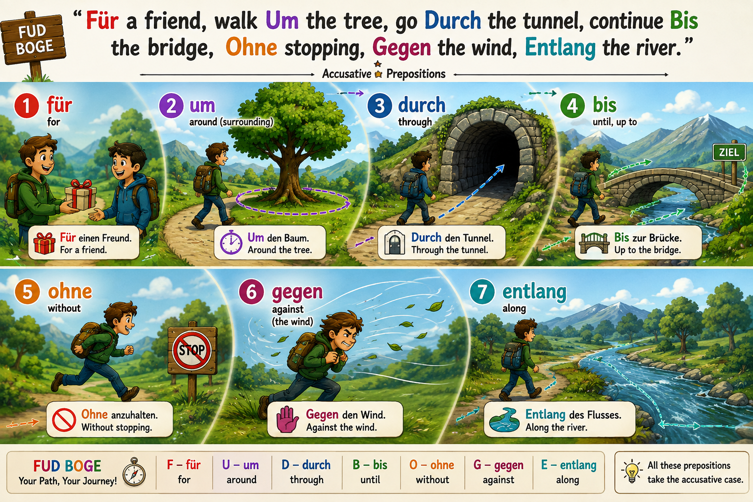 Mnemonic illustration for accusative prepositions (FUDBOGE)