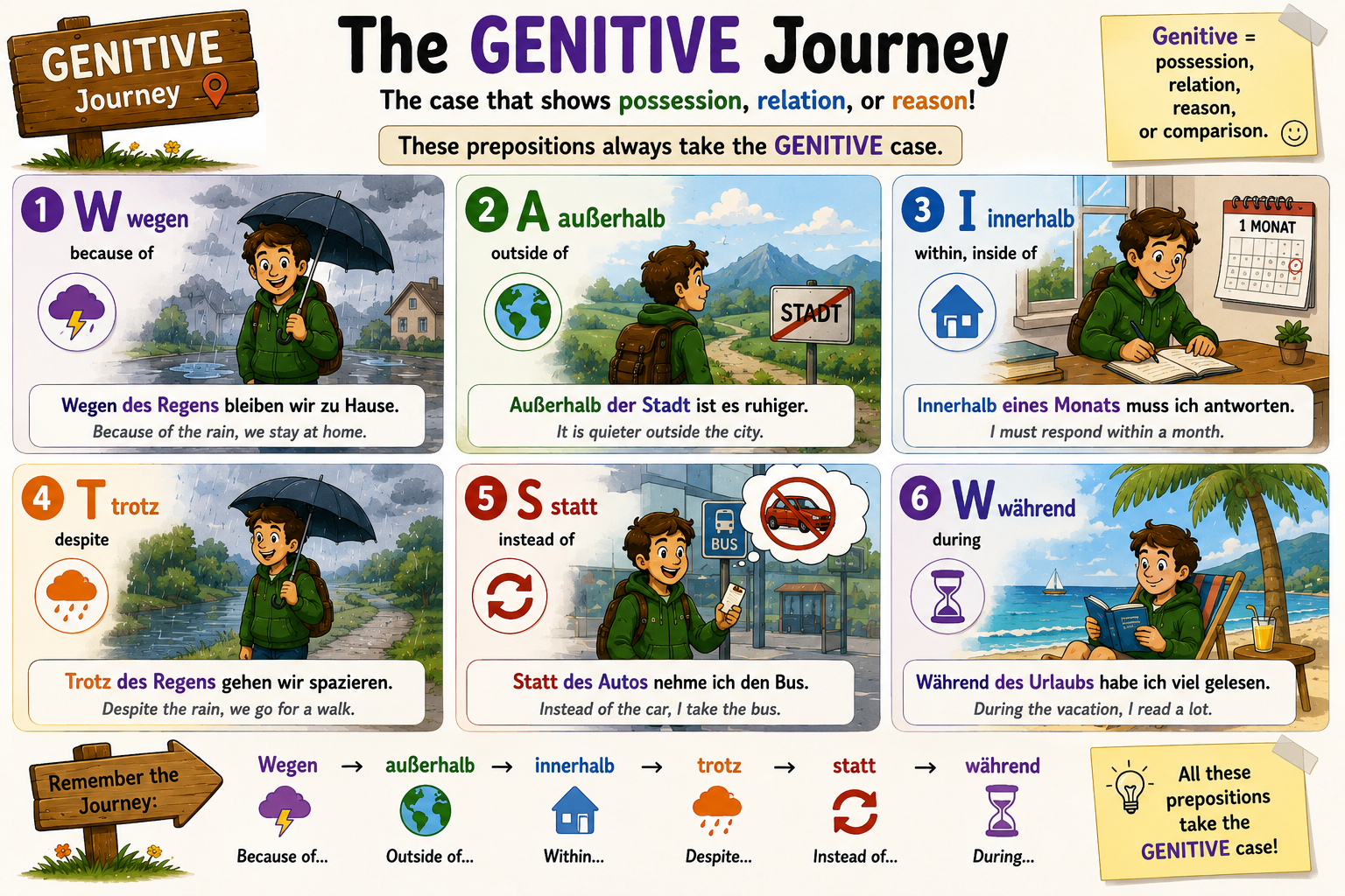 Mnemonic illustration for Genitive prepositions (W A I T S W)