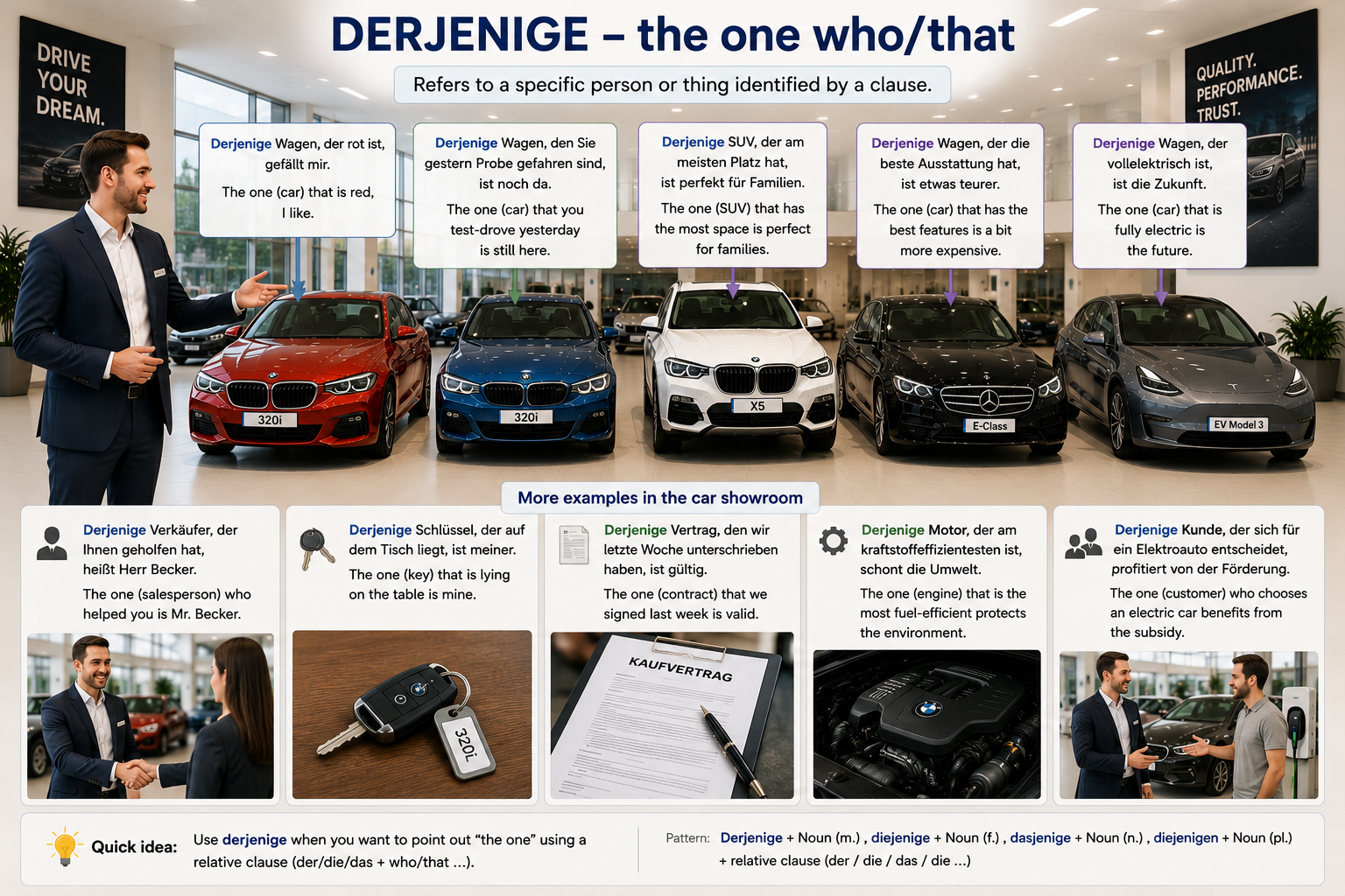 Illustration of derjenige/diejenige/dasjenige (the one who/that)