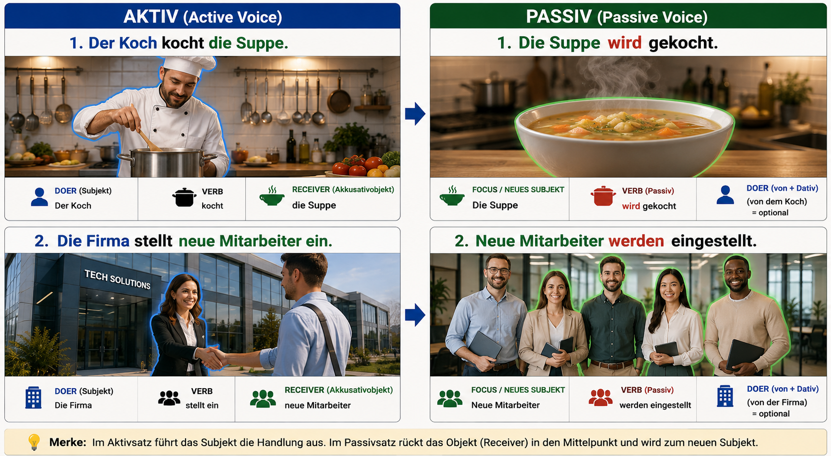 Diagram showing the active sentence's object becoming the passive sentence's subject