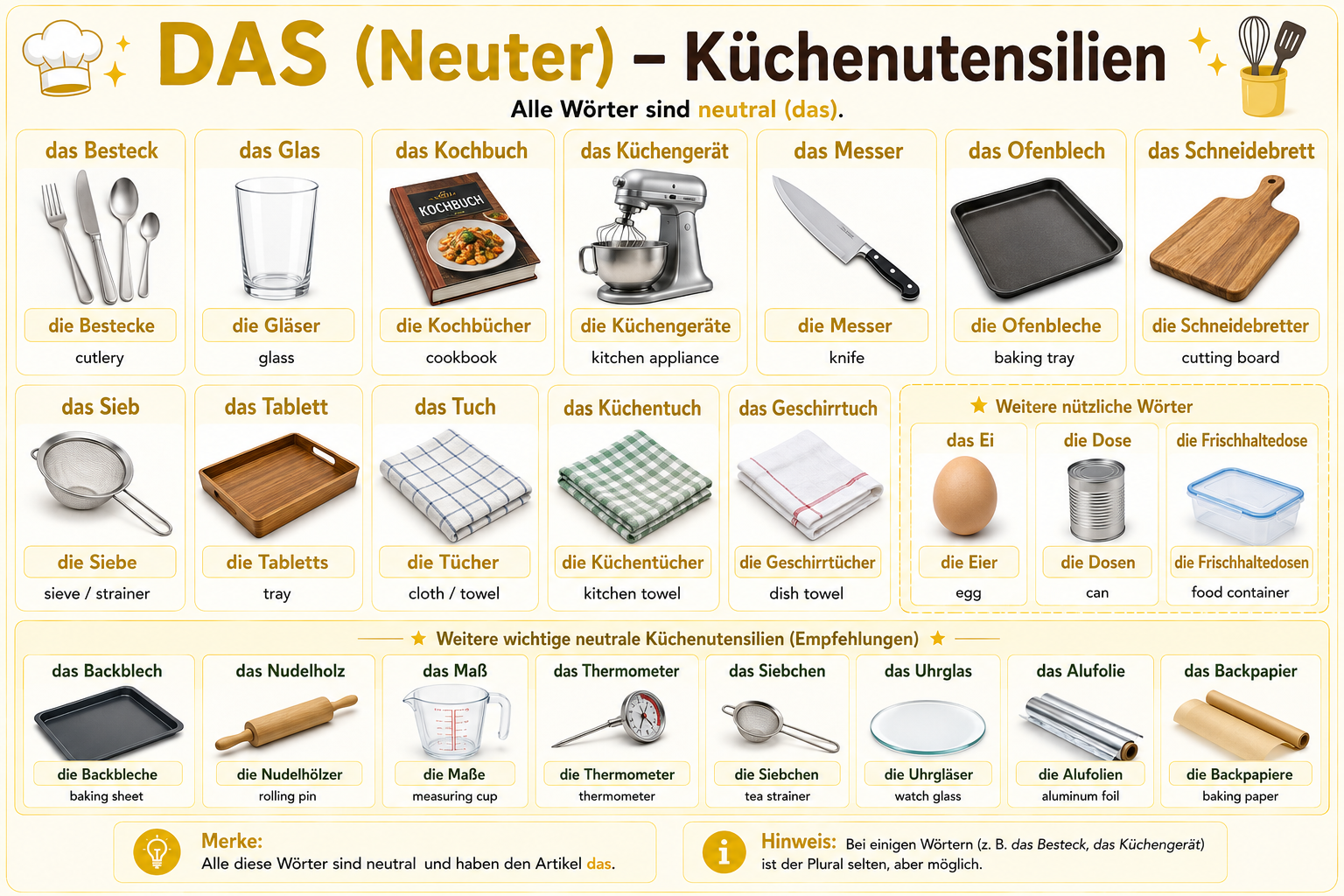 Illustration of neuter (das) kitchen item nouns