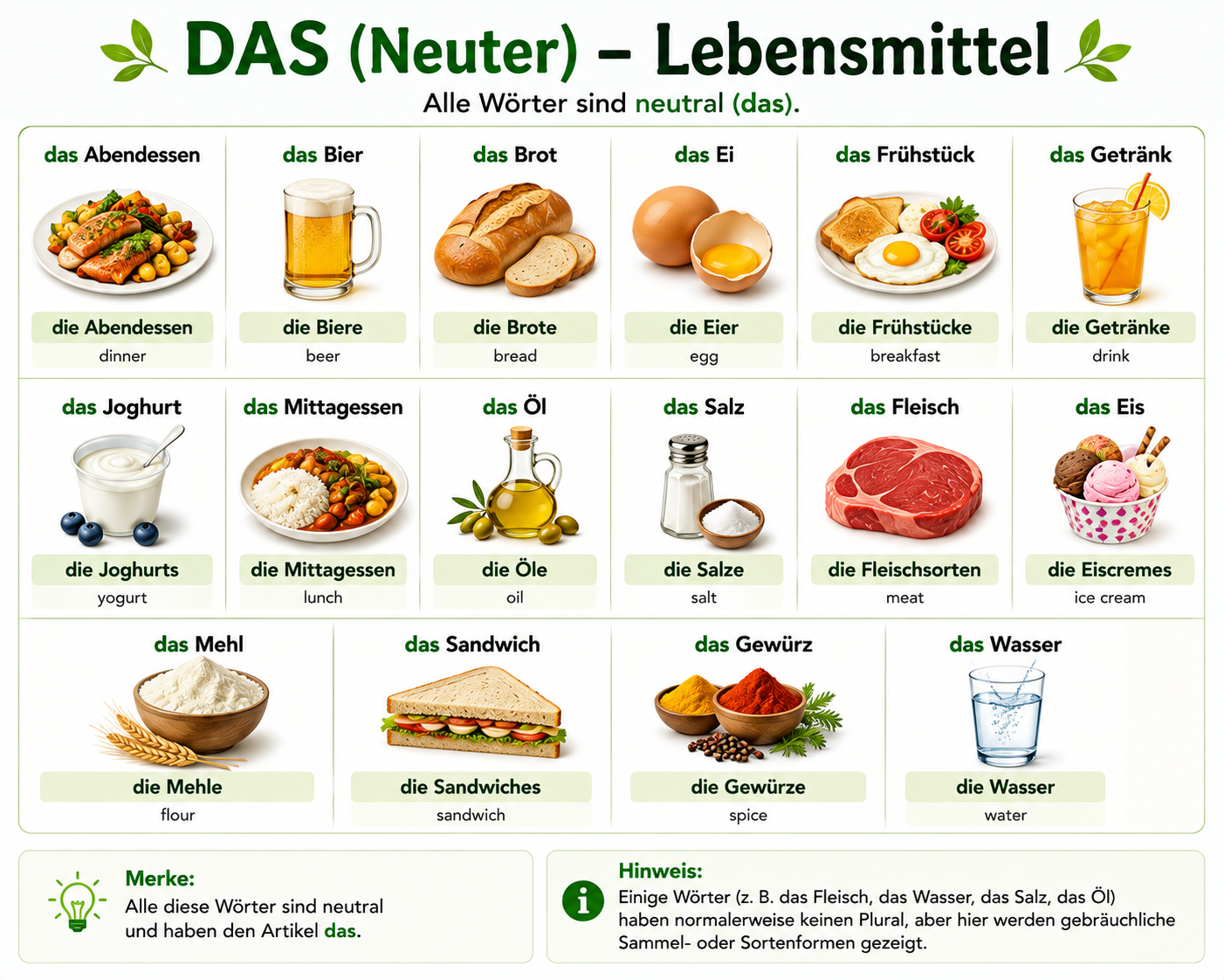 Illustration of neuter (das) food and drink nouns