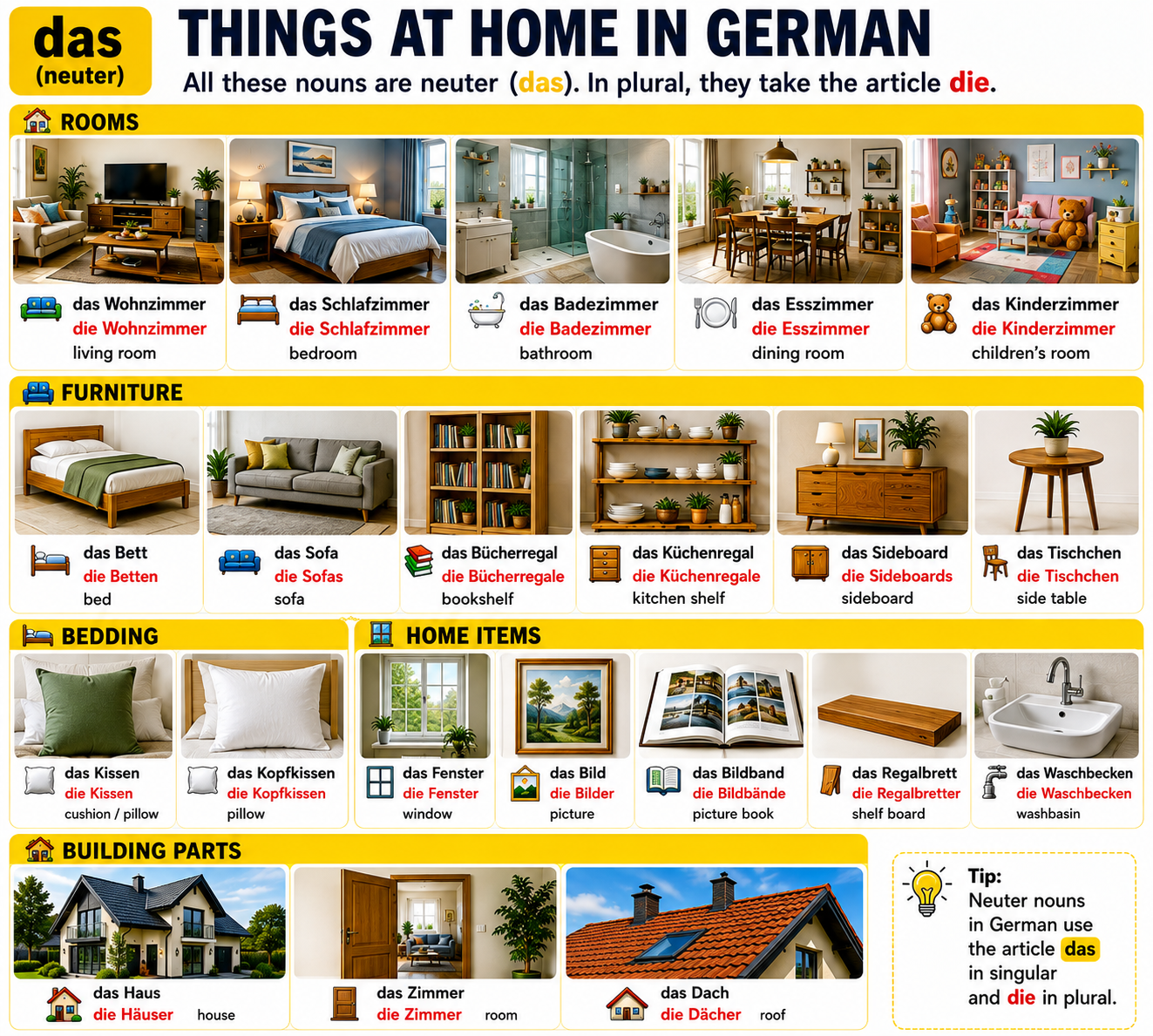 Illustration of neuter (das) furniture and room nouns