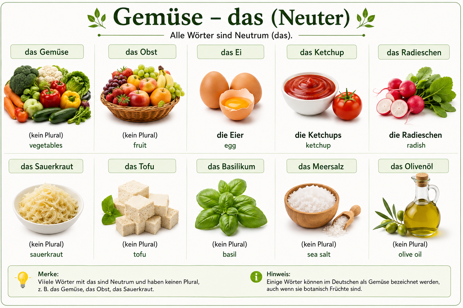 Illustration of neuter (das) fruit and vegetable nouns
