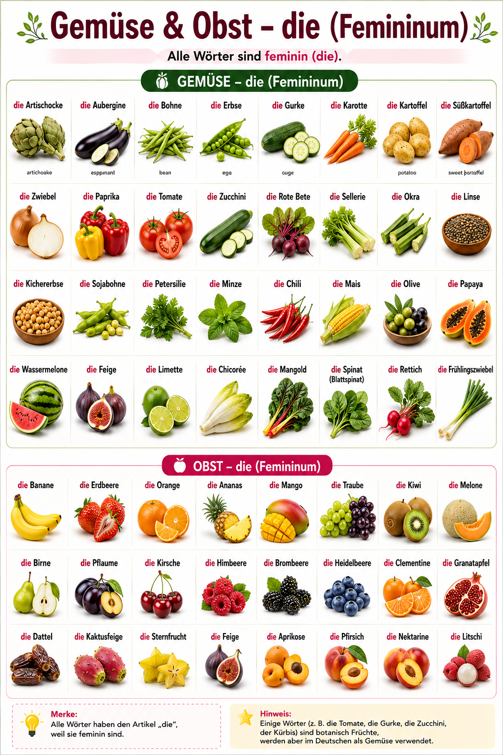 Illustration of feminine (die) fruit and vegetable nouns
