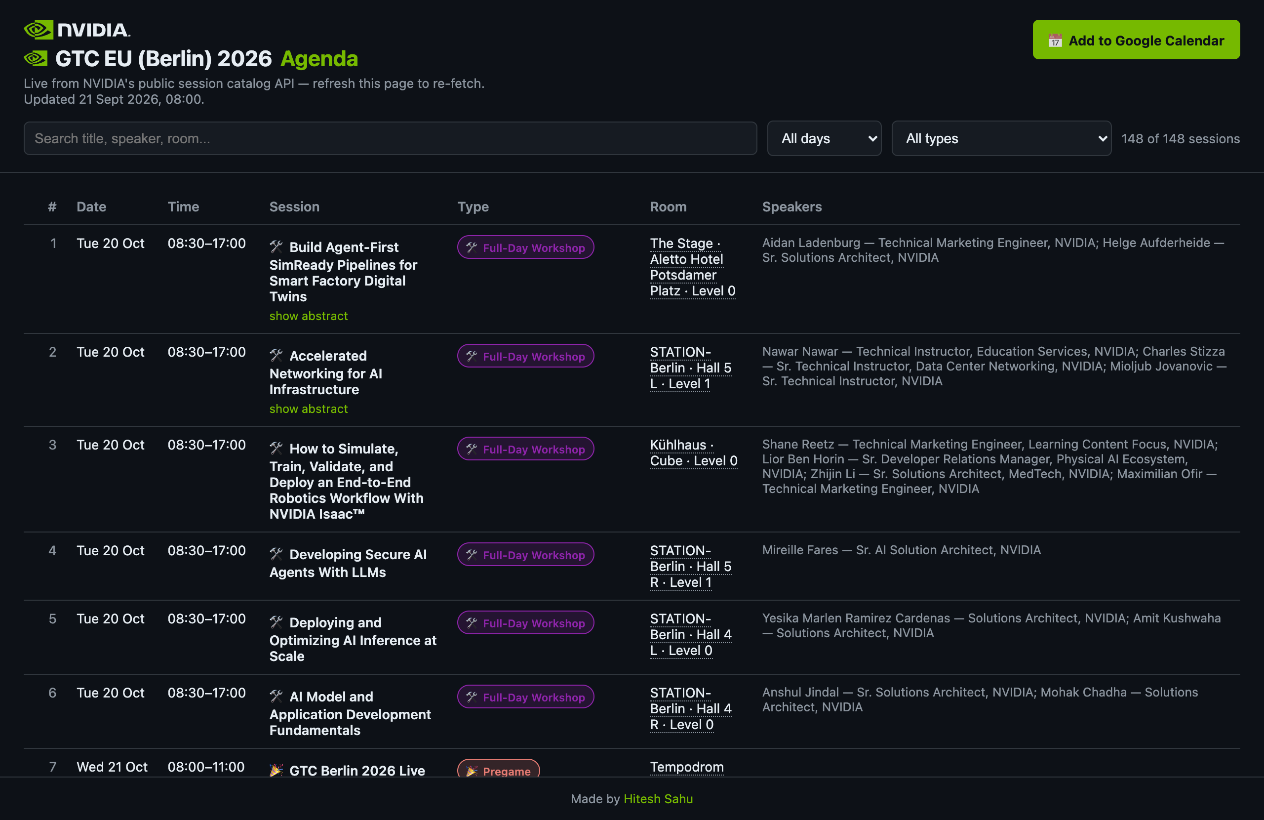 The live GTC 2026 Berlin agenda page — searchable, sortable, color-coded by session type, with a sticky footer and an "Add to Google Calendar" button
