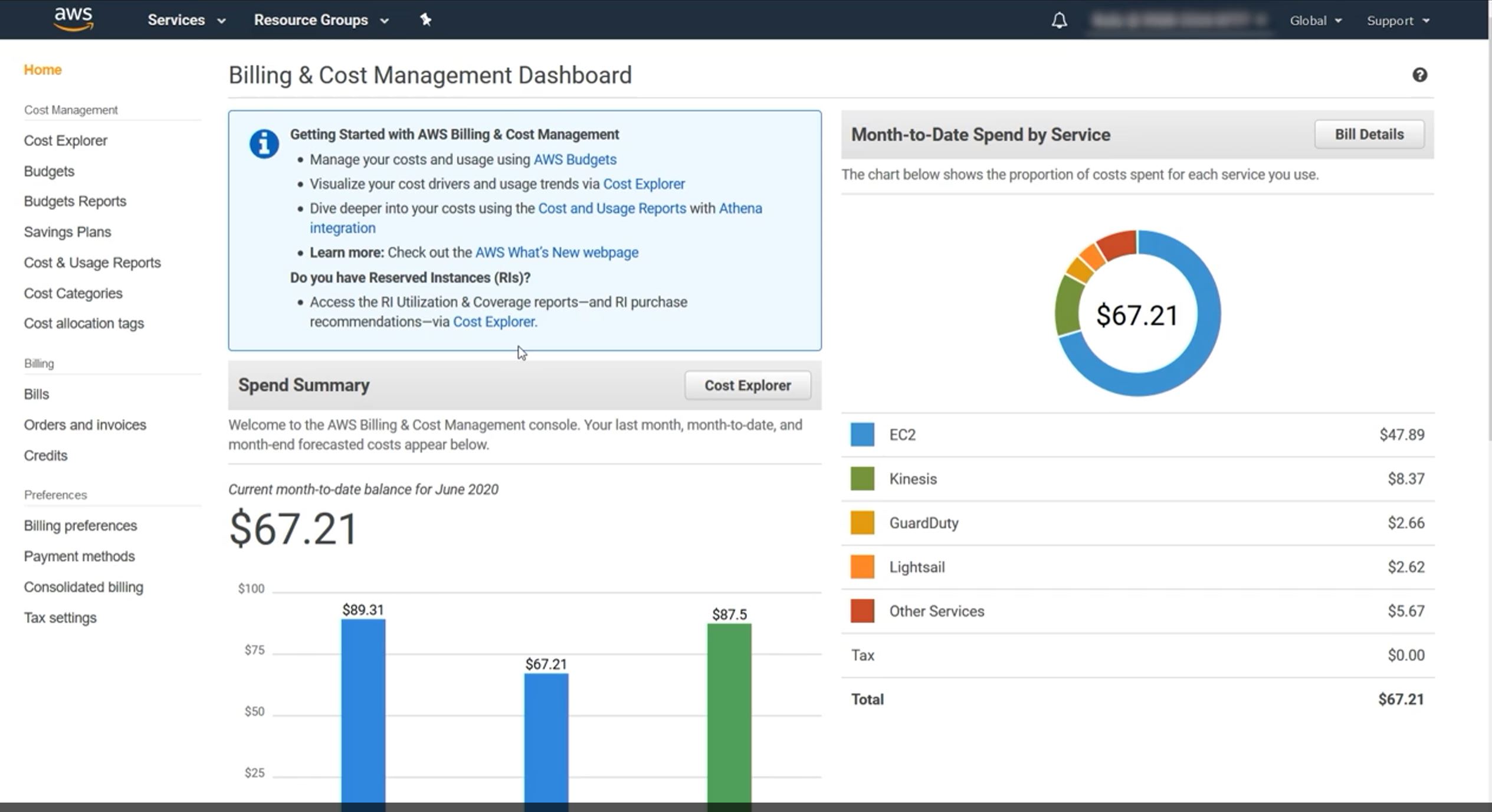 AWS Billing & Cost Management dashboard