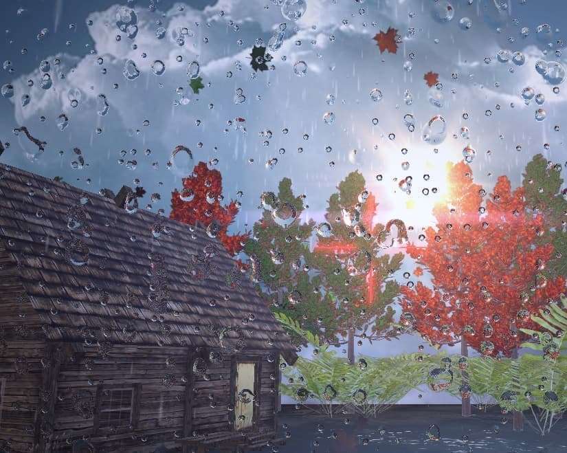 A GPU shader-based simulation showcasing realistic rainfall and atmospheric effects in 3D.